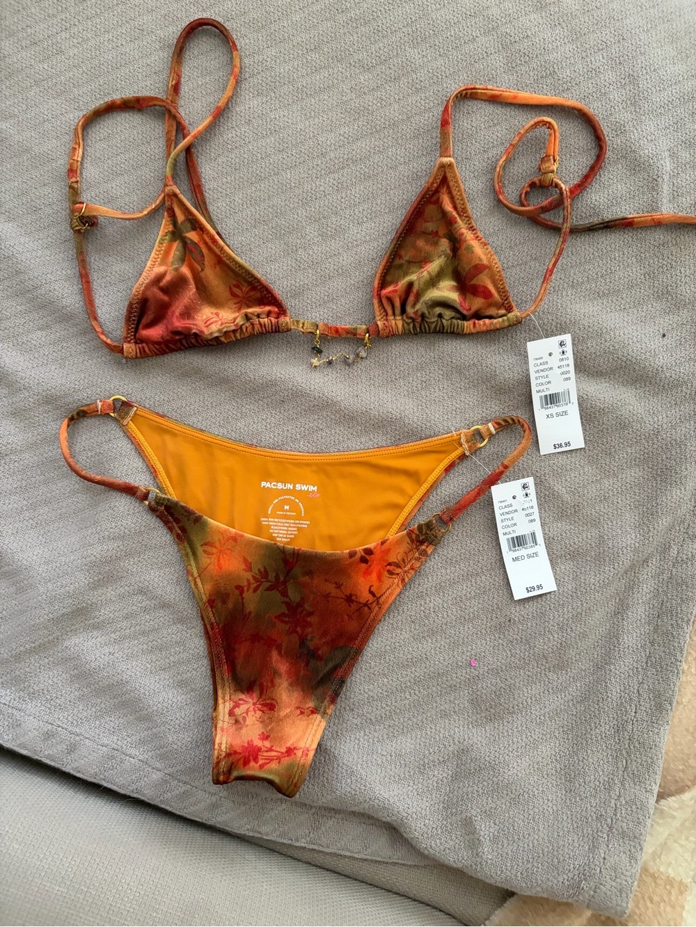 PacSun Orange Multi-Tone Floral Tie-Dye Triangle Bikini